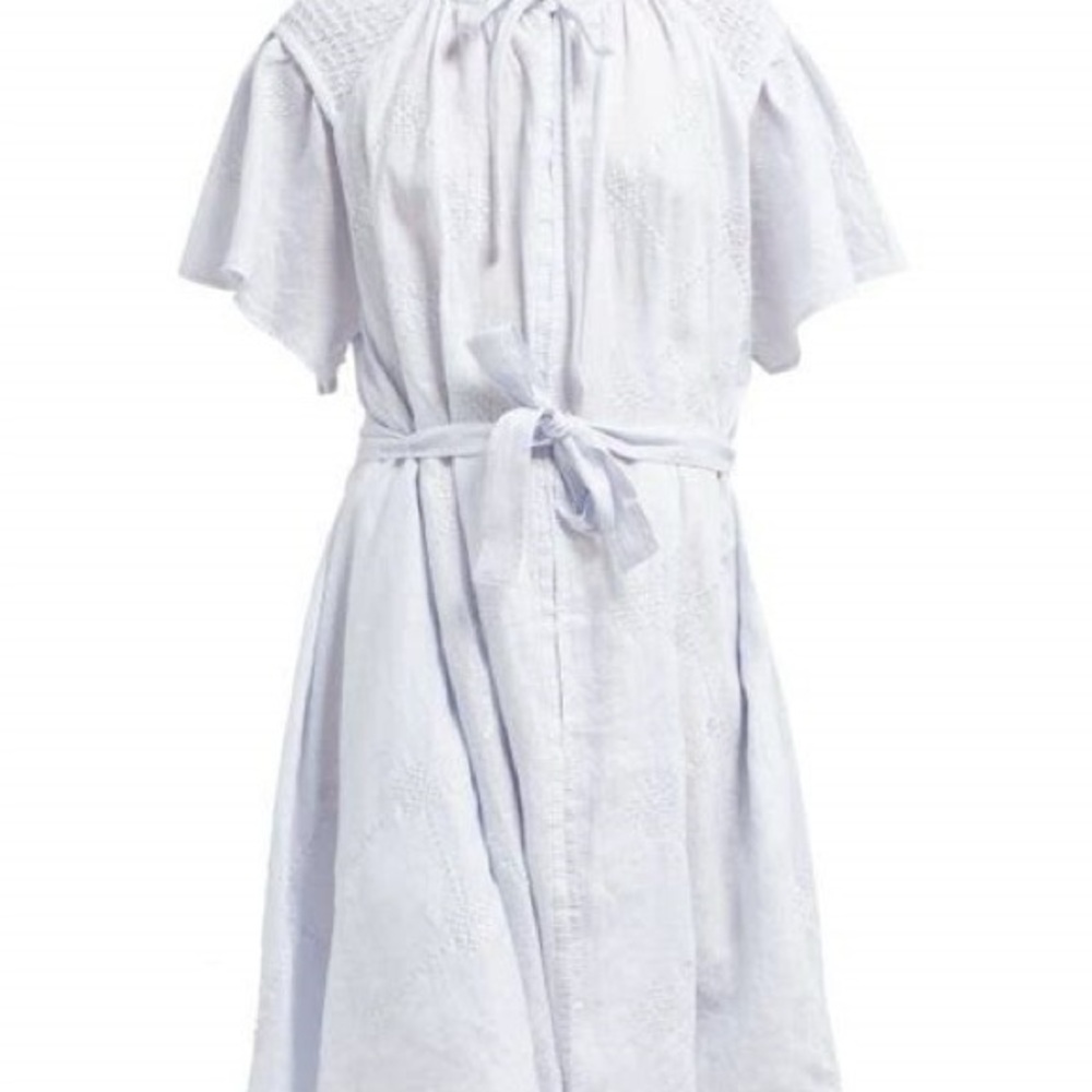 Innika Choo Blue Geometric Embroidered Linen Midi Dress Smocked Size 1